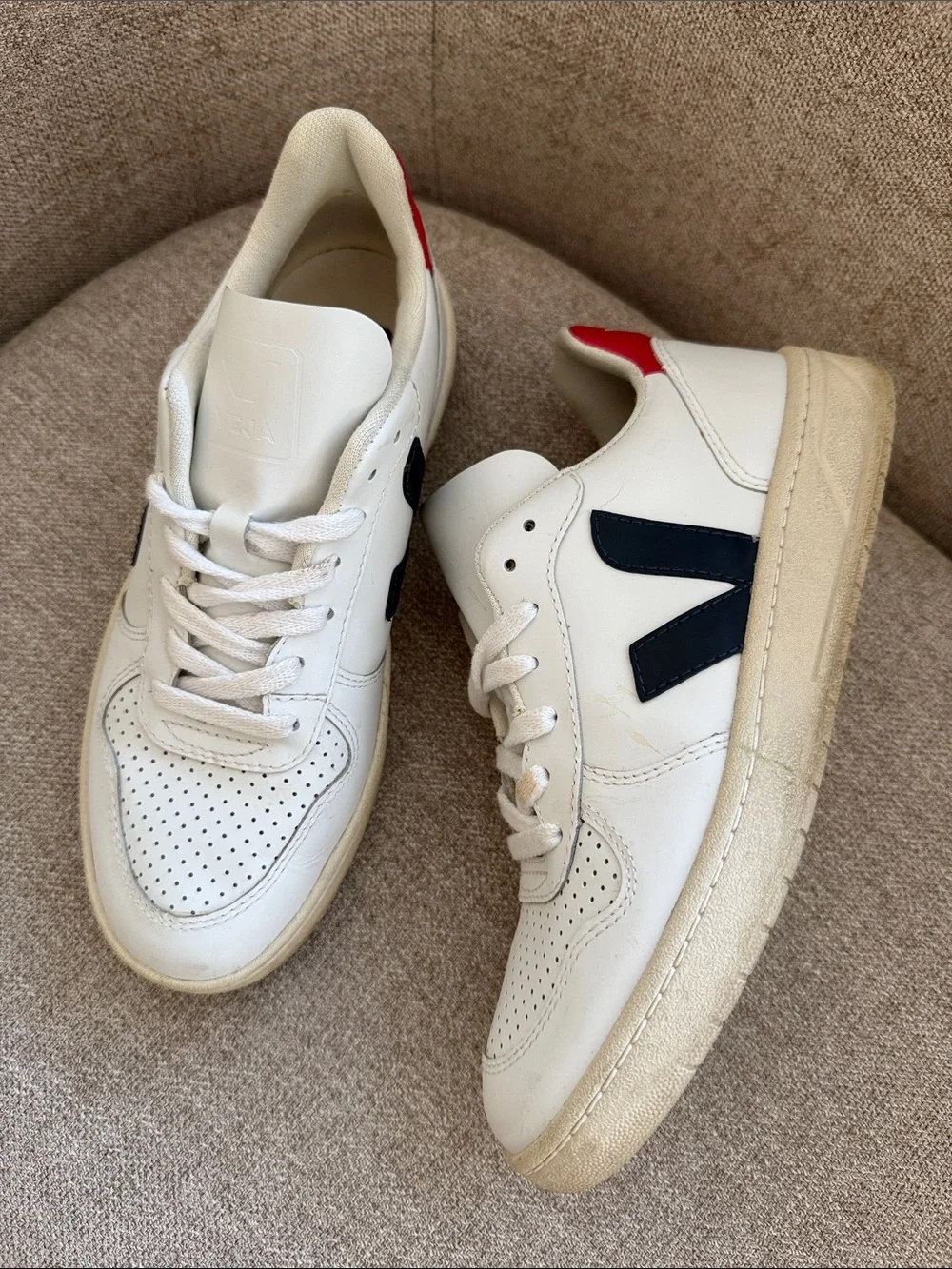Veja White Leather Sneakers with Navy V and Red Heel Accent
